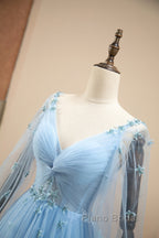 Pretty Light Blue A-Line Puffy Sleeves Party Dresses, Light Blue Evening Dresses Formal Prom Dresses