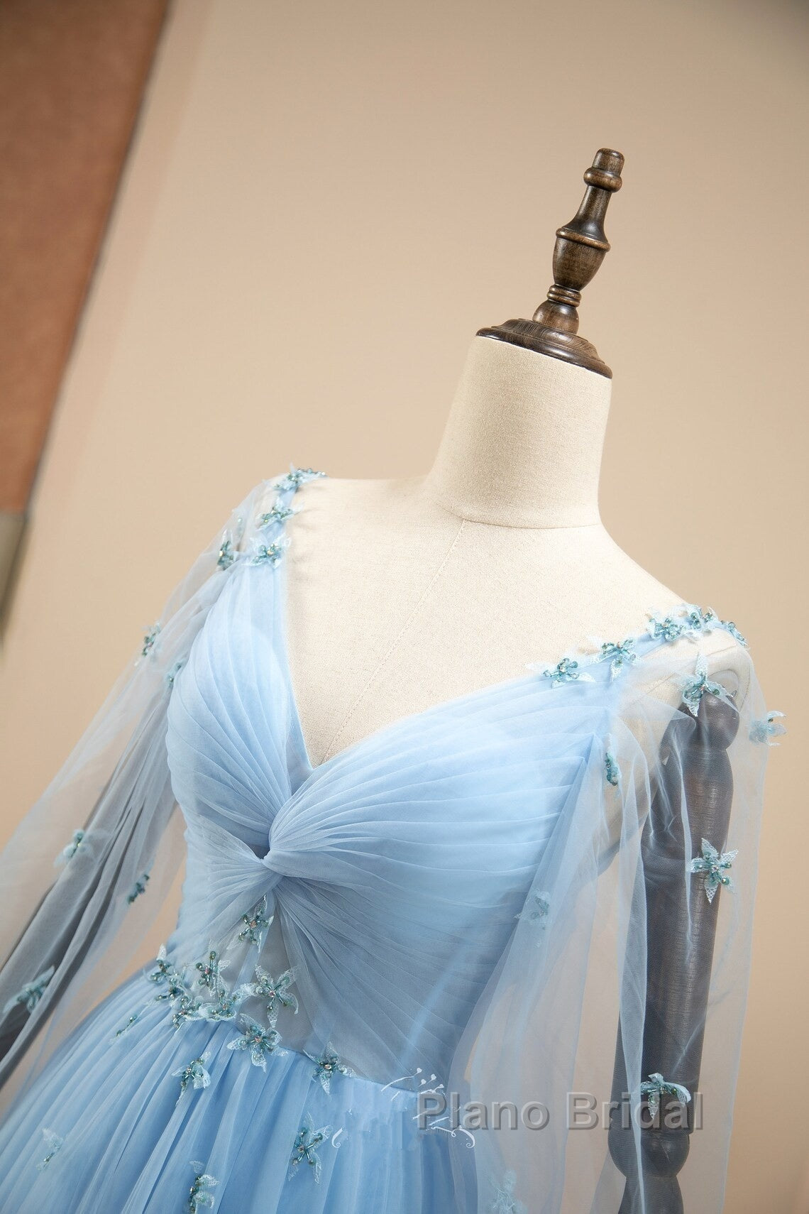 Pretty Light Blue A-Line Puffy Sleeves Party Dresses, Light Blue Evening Dresses Formal Prom Dresses