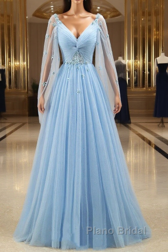 Pretty Light Blue A-Line Puffy Sleeves Party Dresses, Light Blue Evening Dresses Formal Prom Dresses Main image