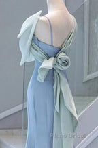 Pretty Mermaid Blue Satin Long Evening Dresses Formal Prom Dresses