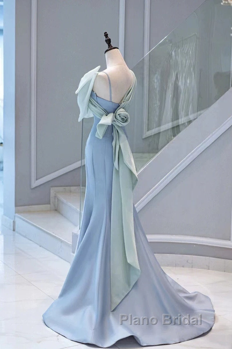 Pretty Mermaid Blue Satin Long Evening Dresses Formal Prom Dresses
