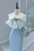 Pretty Mermaid Blue Satin Long Evening Dresses Formal Prom Dresses