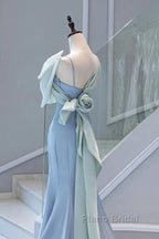 Pretty Mermaid Blue Satin Long Evening Dresses Formal Prom Dresses