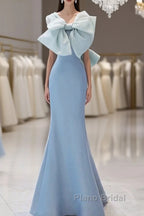 Pretty Mermaid Blue Satin Long Evening Dresses Formal Prom Dresses