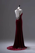 Pretty Mermaid Burgundy Velvet Long Backless Evening Dresses Formal Prom Dresses