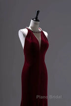 Pretty Mermaid Burgundy Velvet Long Backless Evening Dresses Formal Prom Dresses