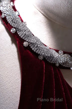 Pretty Mermaid Burgundy Velvet Long Backless Evening Dresses Formal Prom Dresses