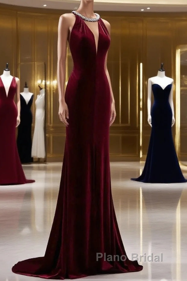 Pretty Mermaid Burgundy Velvet Long Backless Evening Dresses Formal Prom Dresses
