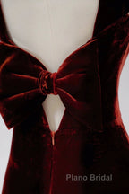 Pretty Mermaid Burgundy Velvet Slit Evening Dresses Formal Prom Dresses