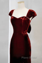 Pretty Mermaid Burgundy Velvet Slit Evening Dresses Formal Prom Dresses