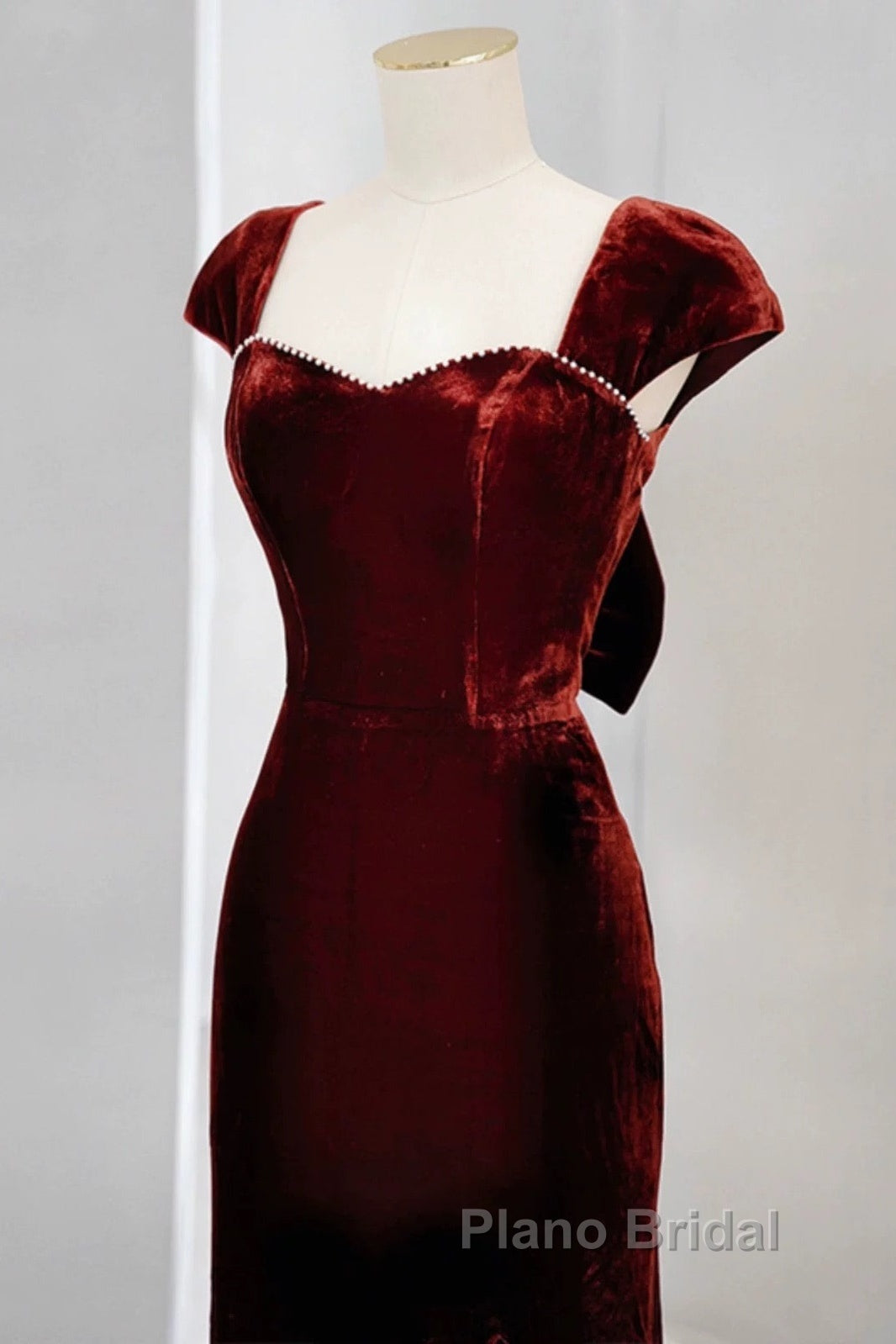 Pretty Mermaid Burgundy Velvet Slit Evening Dresses Formal Prom Dresses