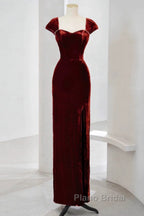 Pretty Mermaid Burgundy Velvet Slit Evening Dresses Formal Prom Dresses