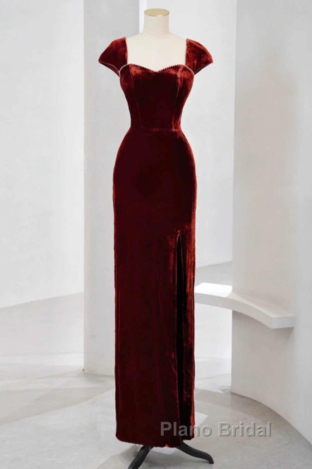 Pretty Mermaid Burgundy Velvet Slit Evening Dresses Formal Prom Dresses