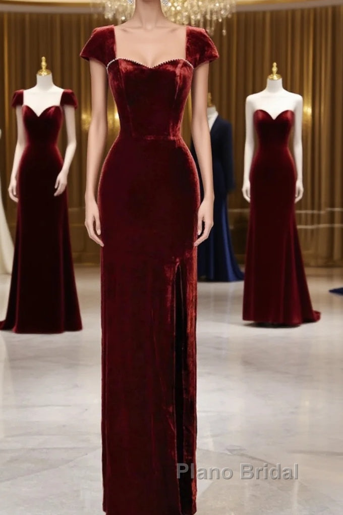 Pretty Mermaid Burgundy Velvet Slit Evening Dresses Formal Prom Dresses Main image