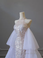 Pretty Mermaid High Neckline Sequin Beads Long Formal Prom Dresses Formal Evening Dresses