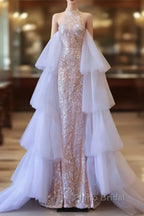 Pretty Mermaid High Neckline Sequin Beads Long Formal Prom Dresses Formal Evening Dresses