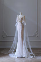 Pretty Mermaid Long Sleeves Pink Formal Prom Dresses Evening Gowns