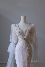 Pretty Mermaid Long Sleeves Pink Formal Prom Dresses Evening Gowns