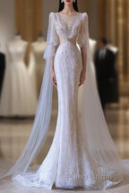 Pretty Mermaid Long Sleeves Pink Formal Prom Dresses Evening Gowns