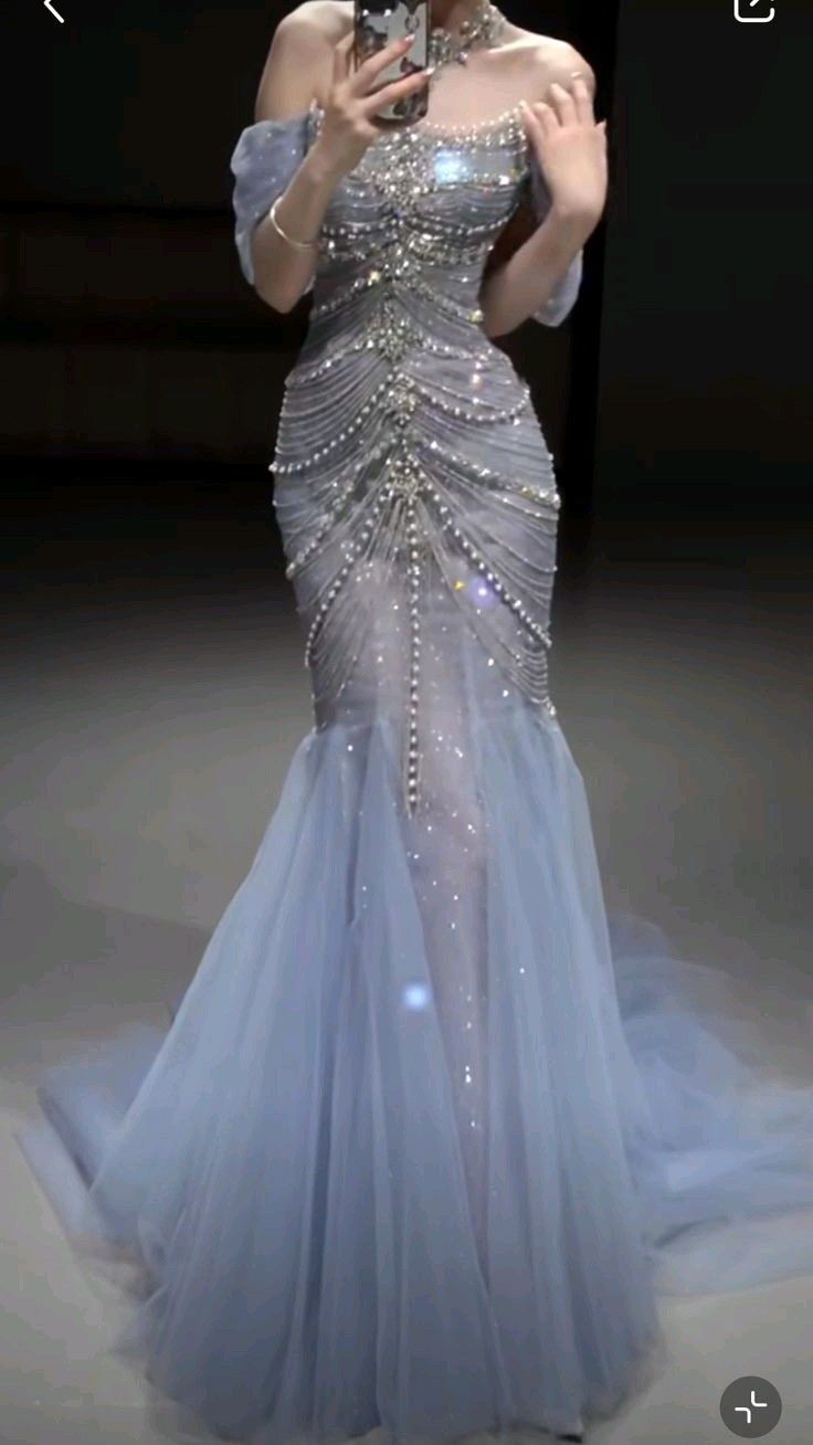 Pretty Mermaid Off The Shoulder Blue Tulle Silver Beads Long Formal Prom Dresses Formal Evening Dresses Secondary image