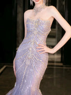 Pretty Mermaid Off The Shoulder Blue Tulle Silver Beads Long Formal Prom Dresses Formal Evening Dresses