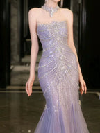 Pretty Mermaid Off The Shoulder Blue Tulle Silver Beads Long Formal Prom Dresses Formal Evening Dresses