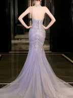 Pretty Mermaid Off The Shoulder Blue Tulle Silver Beads Long Formal Prom Dresses Formal Evening Dresses
