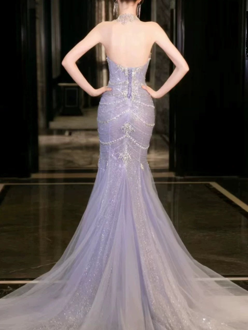 Pretty Mermaid Off The Shoulder Blue Tulle Silver Beads Long Formal Prom Dresses Formal Evening Dresses