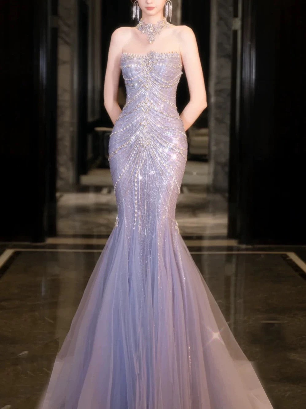 Pretty Mermaid Off The Shoulder Blue Tulle Silver Beads Long Formal Prom Dresses Formal Evening Dresses
