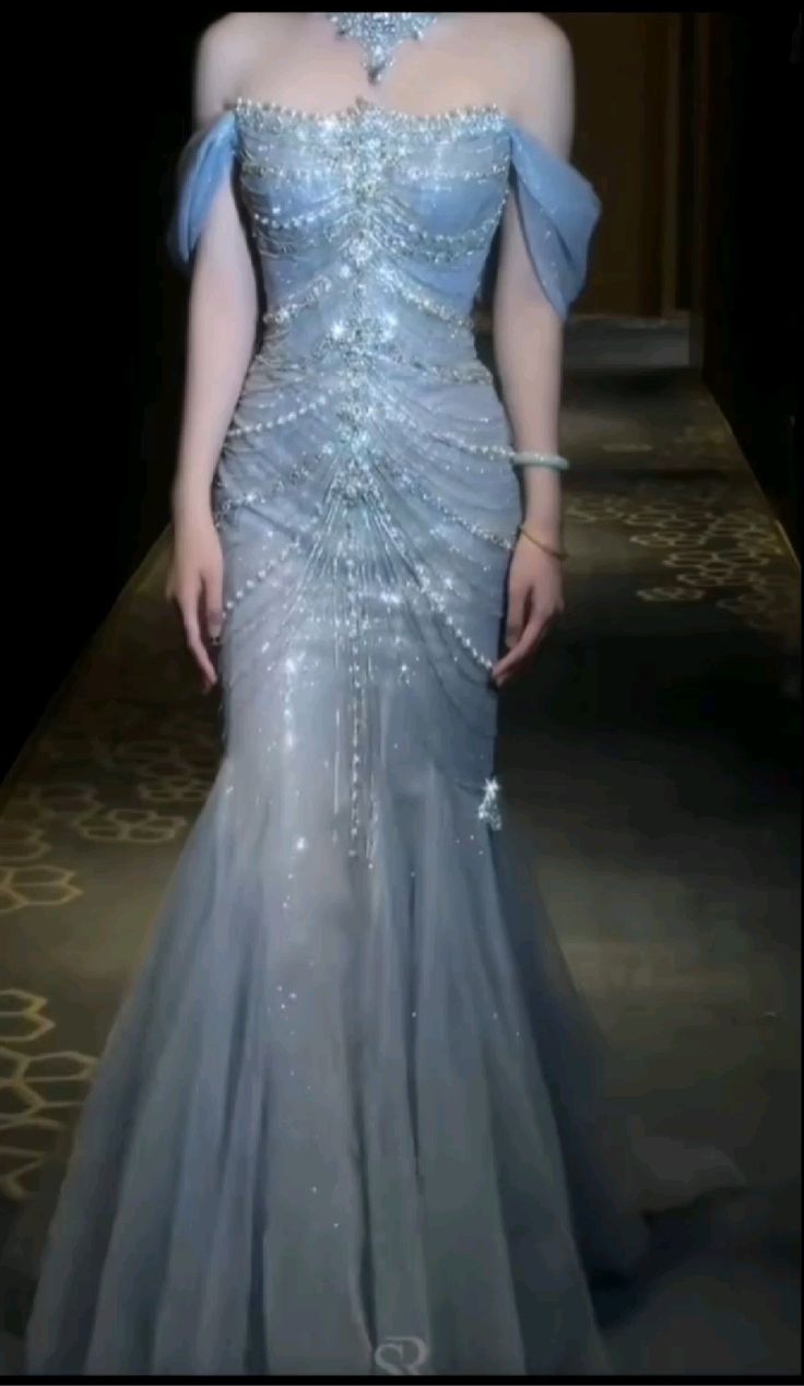 Pretty Mermaid Off The Shoulder Blue Tulle Silver Beads Long Formal Prom Dresses Formal Evening Dresses