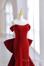 Pretty Mermaid Off The Shoulder Burgundy Satin Long Evening Dresses Formal Prom Dresses