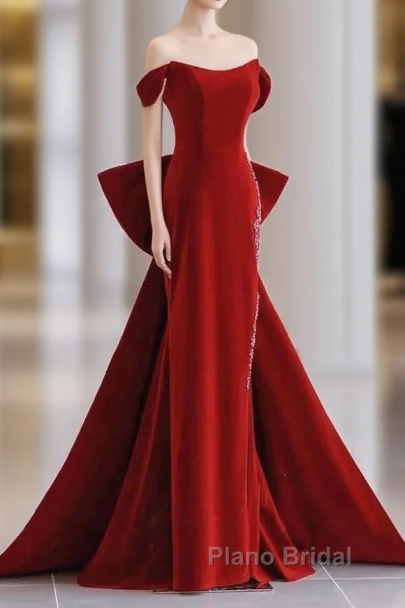 Pretty Mermaid Off The Shoulder Burgundy Satin Long Evening Dresses Formal Prom Dresses Main image