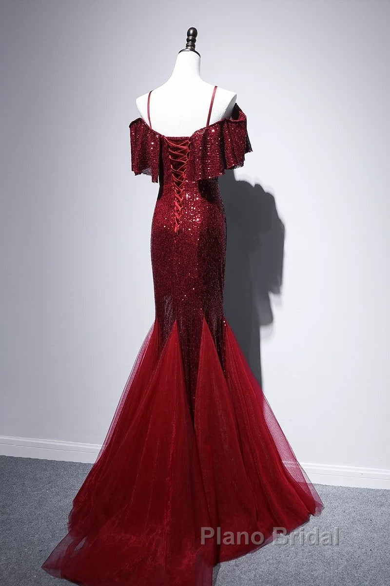 Pretty Mermaid Off The Shoulder Burgundy Sequin Long Evening Dresses Formal Prom Dresses