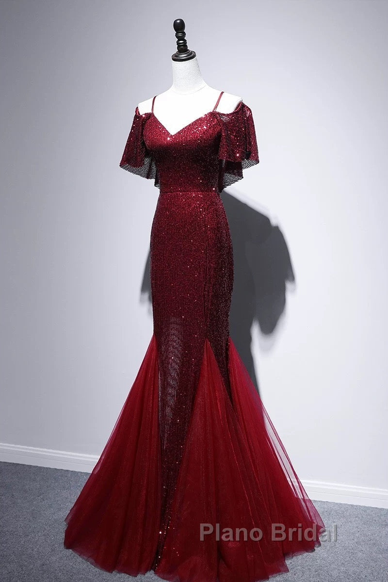 Pretty Mermaid Off The Shoulder Burgundy Sequin Long Evening Dresses Formal Prom Dresses