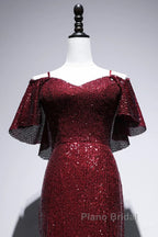 Pretty Mermaid Off The Shoulder Burgundy Sequin Long Evening Dresses Formal Prom Dresses