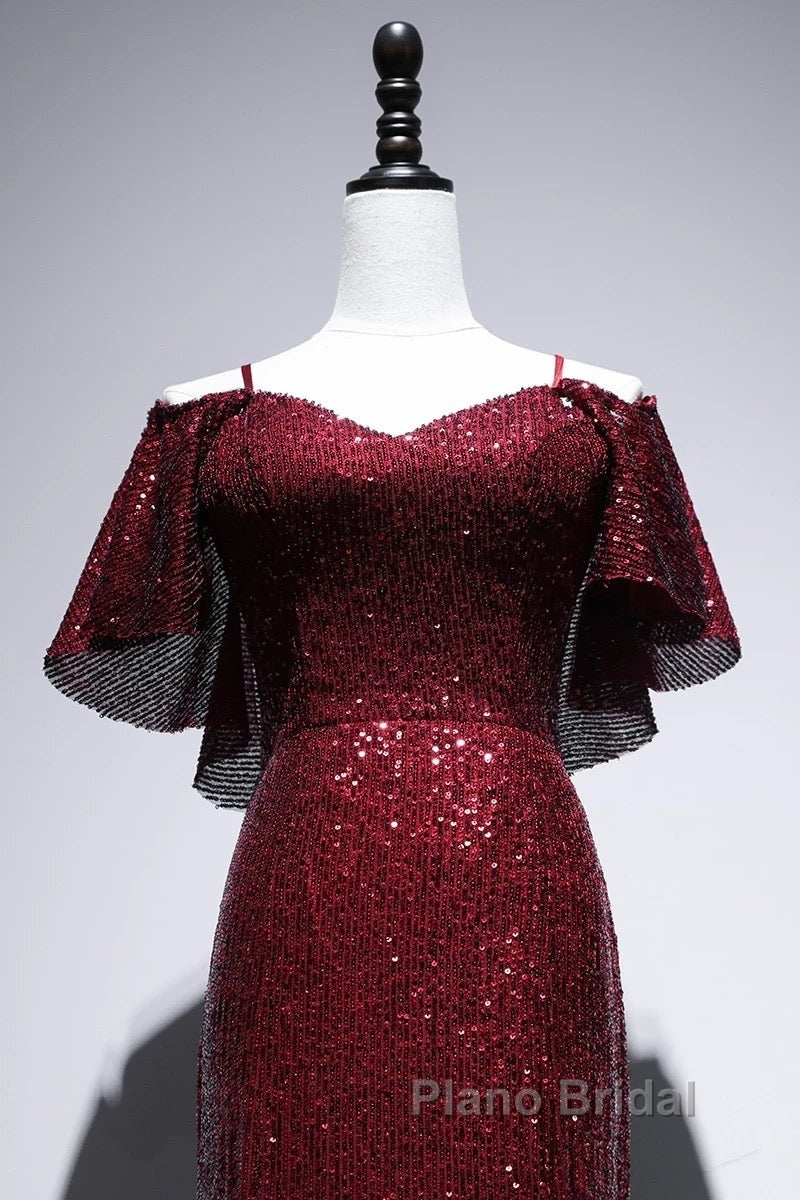 Pretty Mermaid Off The Shoulder Burgundy Sequin Long Evening Dresses Formal Prom Dresses
