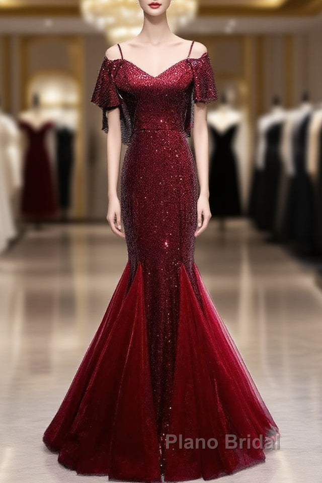 Pretty Mermaid Off The Shoulder Burgundy Sequin Long Evening Dresses Formal Prom Dresses Main image