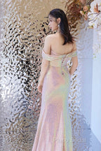 Pretty Mermaid Off The Shoulder Pink Sequin Long Formal Dresses Formal Prom Dresses