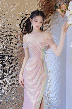 Pretty Mermaid Off The Shoulder Pink Sequin Long Formal Dresses Formal Prom Dresses