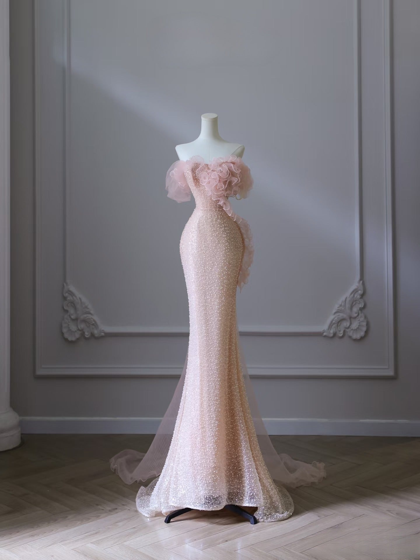 Pretty Mermaid Off The Shoulder Pink Sequin Long Formal Prom Dresses Formal Evening Gowns