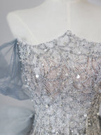 Pretty Mermaid Off The Shoulder Sequin Blue Long Formal Prom Dresses Formal Gowns