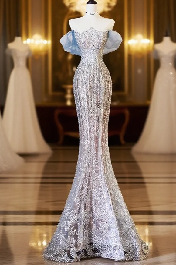 Pretty Mermaid Off The Shoulder Sequin Blue Long Formal Prom Dresses Formal Gowns