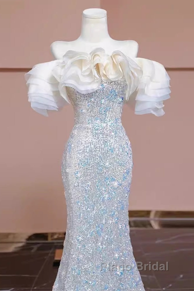 Pretty Mermaid Off The Shoulder Sequin Long Evening Party Dresses Formal Prom Dresses