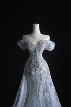 Pretty Mermaid Off The Shoulder Silver Beads Long Formal Prom Dresses Formal Evening Dresses