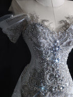 Pretty Mermaid Off The Shoulder Silver Beads Long Formal Prom Dresses Formal Evening Dresses