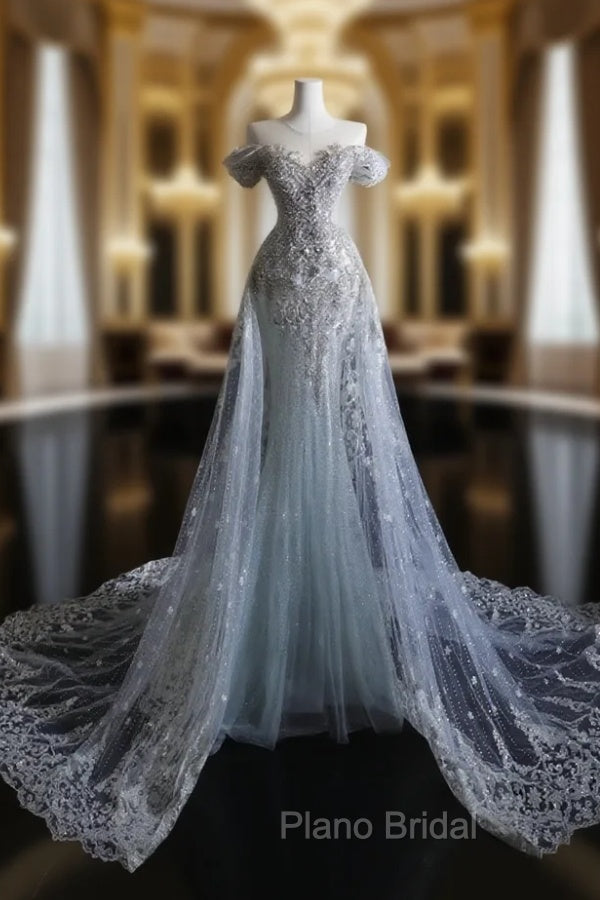 Pretty Mermaid Off The Shoulder Silver Beads Long Formal Prom Dresses Formal Evening Dresses Main image