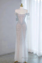 Pretty Mermaid Off The Shoulder Silver Sequin Evening Dresses Formal Prom Dresses