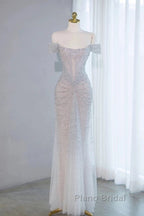 Pretty Mermaid Off The Shoulder Silver Sequin Evening Dresses Formal Prom Dresses