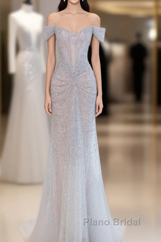 Pretty Mermaid Off The Shoulder Silver Sequin Evening Dresses Formal Prom Dresses