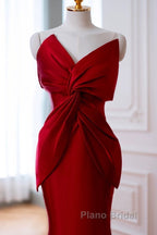 Pretty Mermaid One Shoulder Red Satin Long Evening Dresses Formal Prom Dresses